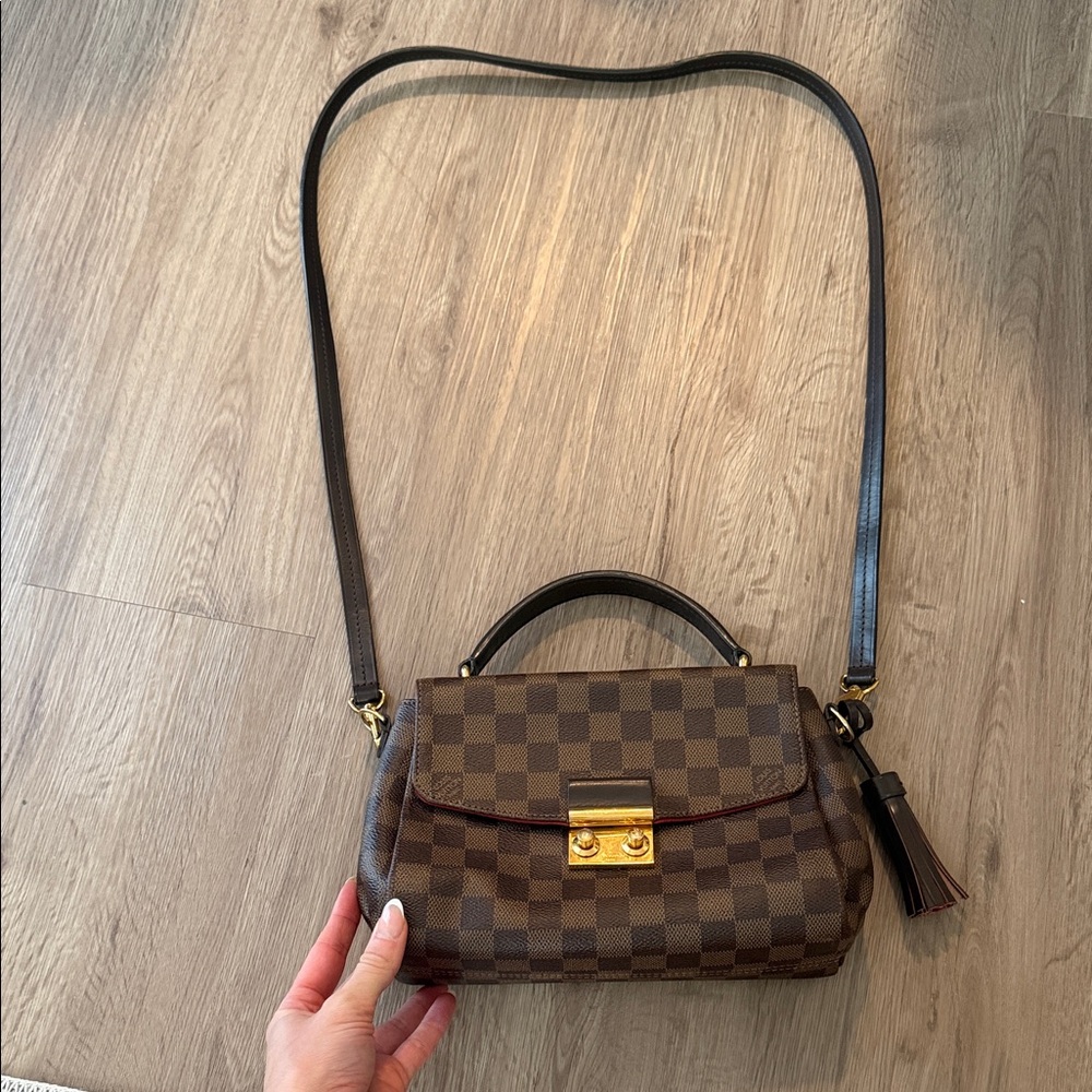 Brown Checkered Handbag with Gold Accents